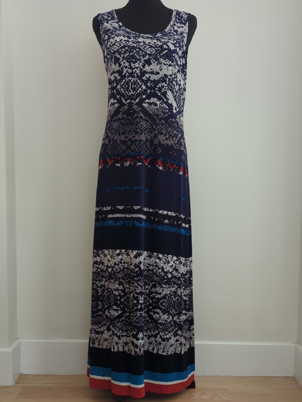 Nine West Sleeveless Mixed Pattern Snakeskin Navy Blue Maxi Dress MEDIUM